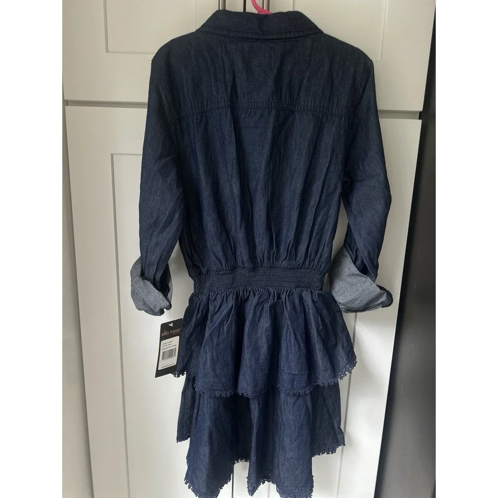 Ella Moss Girls Size 14 Chambray Denim Dress Tiered Ruffle 0339 NWT